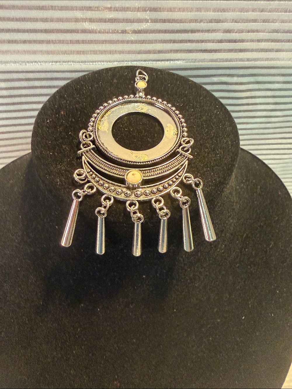 Silver-Tone Boho Circle Fringe Pendant Missing Stone and one tassel